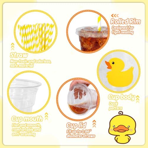Whaline 50 Pcs Yellow Duck Plastic Cups with Lids and Straws 12 Oz Cute Duck Beverage Drinking Cups for Birthday Summer Pool Beach Party Supplies - Image 3