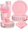 200Pcs Light Pink Party Plates and Napkins, 9’’and 7’’ Disposable Scalloped Pink Paper Plates Cups Napkins Forks Set Party Supplies for Birthday, Baby Shower Bridal Shower Party Decorations, Serves 40 by CENLBJ