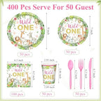 Funnymoom 400 Pcs Wild One Birthday Party Supplies for 50 Guests 1st First Safari Jungle Baby Shower Disposable Plate Napkin Cup Spoon Fork Knives for Girls Animal Party Decoration - Image 2