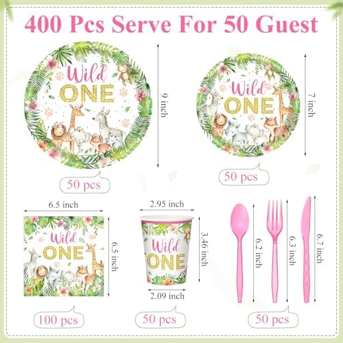 Funnymoom 400 Pcs Wild One Birthday Party Supplies for 50 Guests 1st First Safari Jungle Baby Shower Disposable Plate Napkin Cup Spoon Fork Knives for Girls Animal Party Decoration - Image 2