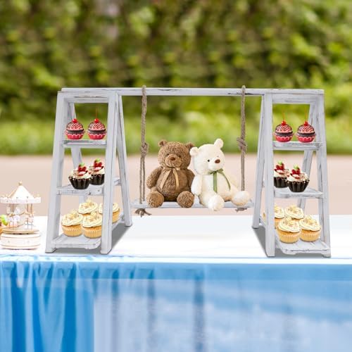 3 Tier Wooden Cupcake Stand, Ladder Dessert Table Display Set Dessert Stands Wood Farmhouse for Party Birthday Wedding Events Baby Shower Decoration (White) - Image 3