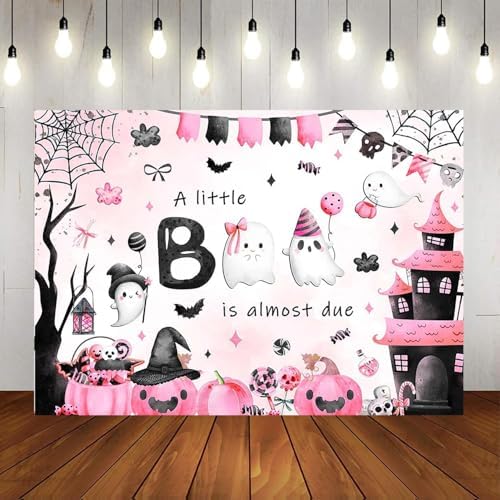 Mocsicka Halloween Baby Shower Backdrop A Little Boo is Almost Due Pink and Black Party Decorations Pumpkin Ghost Bat Background Banner Baby Shower for Kids Photo Booth Props (10x7ft (120x82 inch)) - Image 6