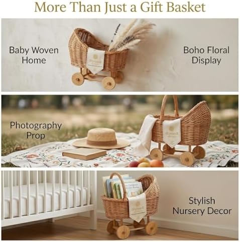 Woven Rattan Stroller-Shaped Flower Basket with Handle, Handwoven Decorative wicker baby carriage Basket for Baby Shower, Wedding, Party Decor, Floral Arrangements & Gift Hampers - Image 5