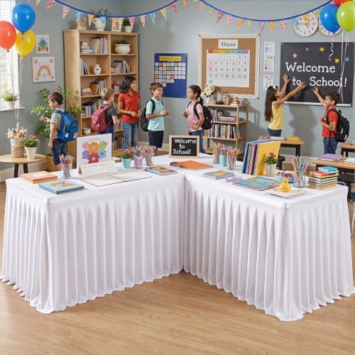 2 Panels White Desk Skirt for Teacher Desk 6ft Table Skirts for Rectangle Tables 6ft Spandex Curtain Table Skirt for Classroom Ruffle Fabric Tablecloth for Party Wedding Baby Shower Decorations - Image 3