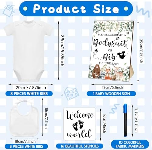 Chuarry 43 Pcs DIY Baby Bibs Decorating Kit 8 Bodysuits 8 Pcs 2 Ply White Bibs 10 Fabric Markers 16 Stencils Baby Shower Sign (Woodland Animals) - Image 2