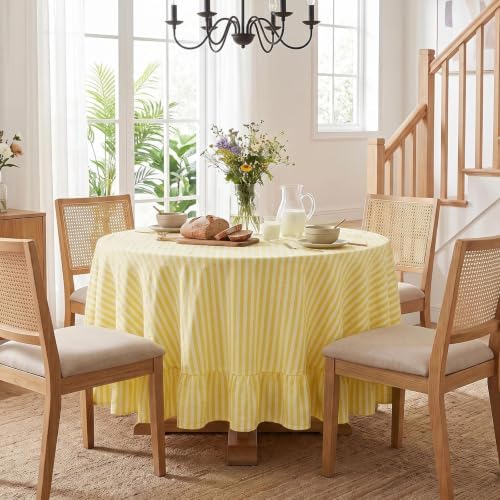 Eternal Beauty Striped Ruffled Round Tablecloth 60 Inch Yellow White - Image 2