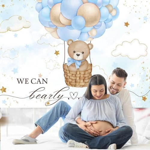 9x6FT Baby Shower Backdrop We Can Bearly Wait Blue Bear Hot Air Balloon Photography Background Newborn Baby Shower Party Decorations Banner Photo Booth Props - Image 5