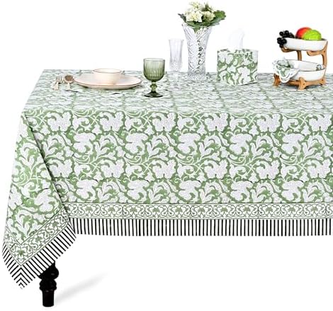 Ridhi Sage Green Hand Block Print Cotton Rectangle Tablecloth 118 x 70 Inch by Ridhi