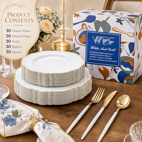 WDF 30Guest Gold Plastic Plates - High-end Baroque Design - 10.25&7.5in Wedding White and Gold Plates Disposable for Birthday/Baby Shower/Wedding/Party - Image 6