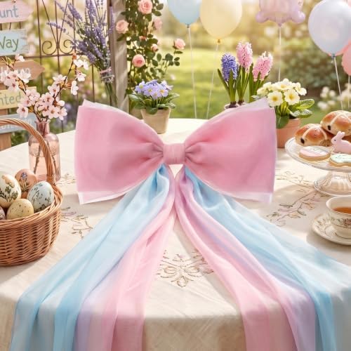 39x70 Inch Extra Large Pink and Blue Bows, Giant Tulle Bow Gender Reveal Backdrop Decorations, Boy or Girl Baby Shower Party Arch Wall Hanging (Pink and Blue) - Image 4