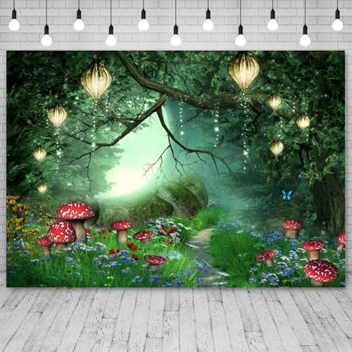 8x6ft Enchanted Forest Backdrop Spring Fairytale Garden Photography Background Green Tree Butterfly Mushroom Wonderland Kid Birthday Banner Decorations Baby Shower Portrait Photo Booth Prop - Image 3