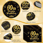 Funnymoom 452 Pcs 60th Birthday Party Decoration Supplies Black and Gold 60th Birthday Paper Plates and Napkins Cups Tablecloth Cutlery Straws Disposable Tableware for Cheers to 60 Years Anniversary - Image 2