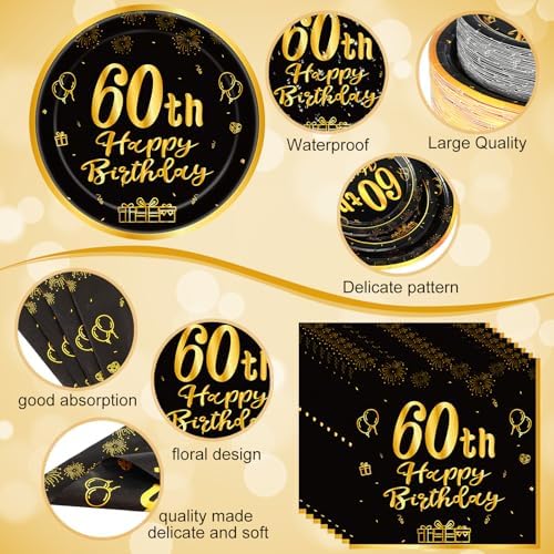 Funnymoom 452 Pcs 60th Birthday Party Decoration Supplies Black and Gold 60th Birthday Paper Plates and Napkins Cups Tablecloth Cutlery Straws Disposable Tableware for Cheers to 60 Years Anniversary - Image 2