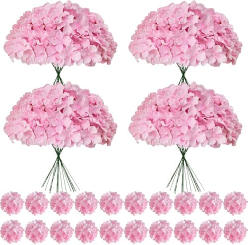 100 Pcs Faux Pink Hydrangea Artificial Flowers Bulk, Fake Silk Hydrangea Flowers Heads with Stems for Wedding Decorations Garden Party Baby Shower Porch Home Decor Table Centerpieces by Cherica