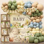 Classic Bear Baby Shower Decorations Set, Vintage Woodland Bear Party Supplies with Backdrop, BABY Boxes, Balloon Garland Arch Kit, Tablecloth, Banner, Mom to Be Sash & Dad to Be Badge by BSMIEFUS
