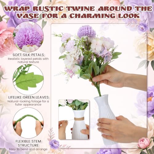 12 Set Artificial Hydrangea Peony Flowers with Vase, Purple - Image 3
