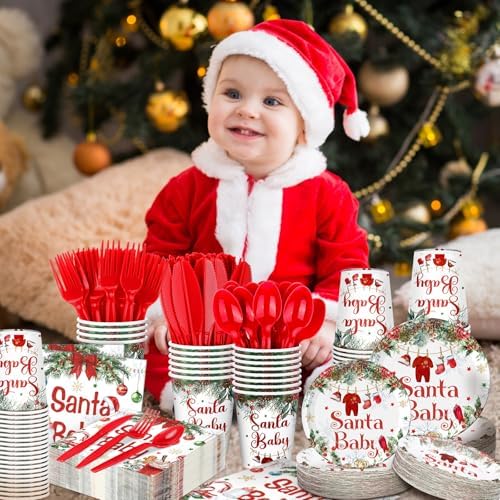Dandat 350 Pcs Baby Shower Set, Christmas Santa Baby, Red - Image 2