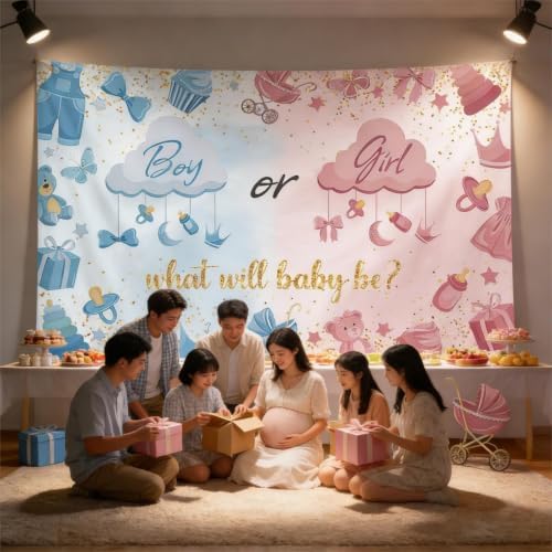 What Will Baby Be? Gender Reveal Backdrop Size 10x8 Ft Pink & Blue Clouds Design Boy or Girl Party Banner, Durable Polyester Photo Booth Background for Baby Shower Decorations - Image 3
