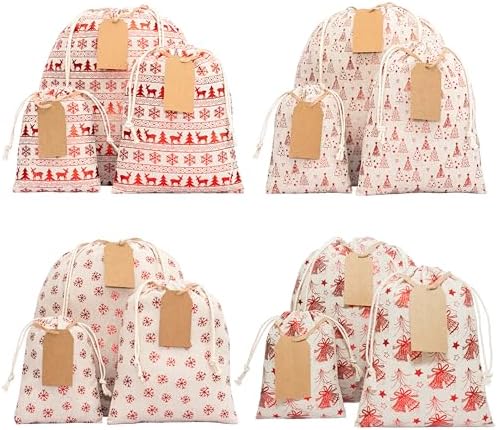 12 Pack Reusable Christmas gift bags with 15 gift tags. Gift sacks. Fabric drawstring holiday gift bags in assorted sizes. Xmas bags for presents, parties & stocking stuffers. (CE) by ERIBAGZ