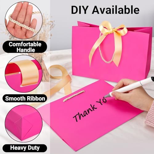 EUSOAR Thank You Gift Bags, 25pcs 12.5"x4.5"x11" Hot Pink Paper Gift Bags with Handles, Gift Wrap Treat Bags with Ribbons Bulk for Wedding Party Favors Grocery Baby Showers Bridesmaid Birthdays - Image 3