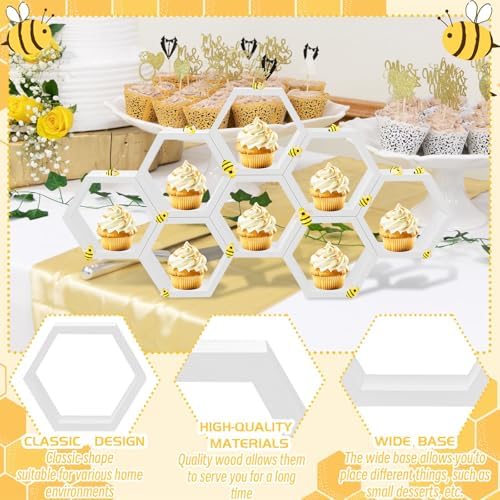 Denylo pro 8 Pcs 4.13 Inch White Cupcake Stand Hexagon Cake Farmhouse Wood Cupcake Stand with Small Bee for Baby Shower Birthday Party Table Decorations - Image 4