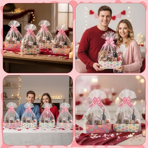 OSNIE Sweet Candy Heart Empty Gifts Baskets with Cellophane Bags and Ribbons Bows, 24 Set Colorful Tray Cardboard Gift Baskets for Romantic Things to Fill Wedding Birthday Anniversary Decor - Image 6