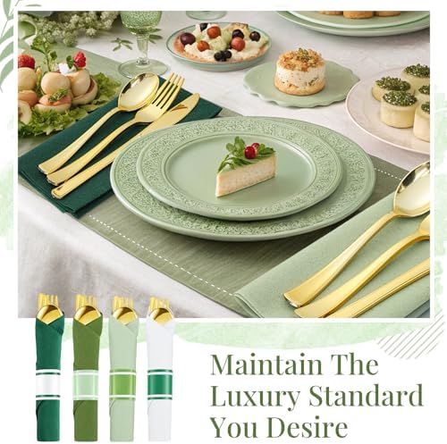 Lasnten 50 Pcs Pre-rolled Gold Cutlery Set with Napkins Green - Image 6