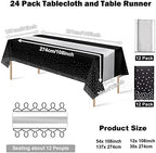 24Pack Disposable Plastic Tablecloths and Satin Table Runner Set Black and Silver Dot Tablecloth Silver Satin Table Runner for Wedding Birthday Baby Shower Anniversary Christmas New Year Party Supply - Image 2