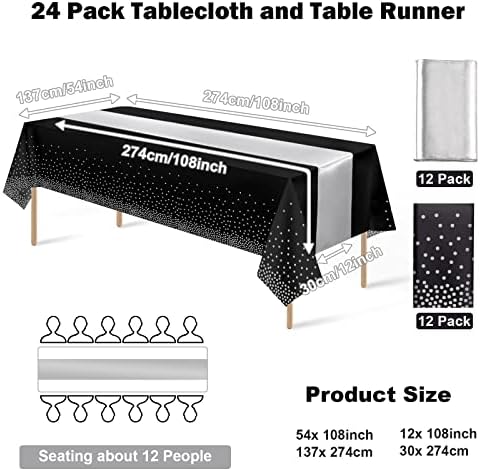 24Pack Disposable Plastic Tablecloths and Satin Table Runner Set Black and Silver Dot Tablecloth Silver Satin Table Runner for Wedding Birthday Baby Shower Anniversary Christmas New Year Party Supply - Image 2