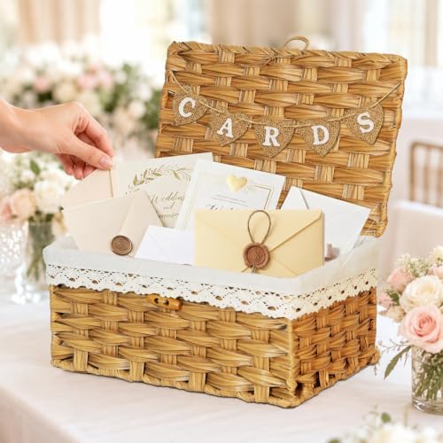 Card Box for Wedding Wicker Card Basket for Cards with Letter Flag, Decorative Woven Rattan Gift Card Boxes for Graduation Party Plastic Wedding Card Box for Reception Baby Shower Birthday Prop Decor - Image 4