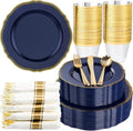 Hioasis 175 Pcs Blue Gold Plastic Plates Wedding & Party by Hioasis