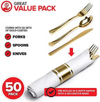 200 Pieces Pre Rolled Gold Plastic Cutlery Set, Individually Wrapped Plastic Silverware Set with 50 Forks, 50 Knives, 50 Spoons, 50 Napkins, Utensils for Weddings, Service for 50 Guests - Image 2