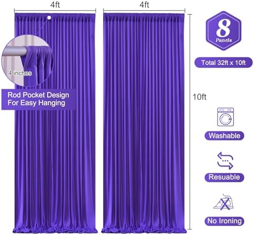 Purple Backdrop Curtains - 8 Panel Wrinkle-Free Polyester Photography Drapes for Baby Shower & Birthday Party - 32 x 10FT - Image 2