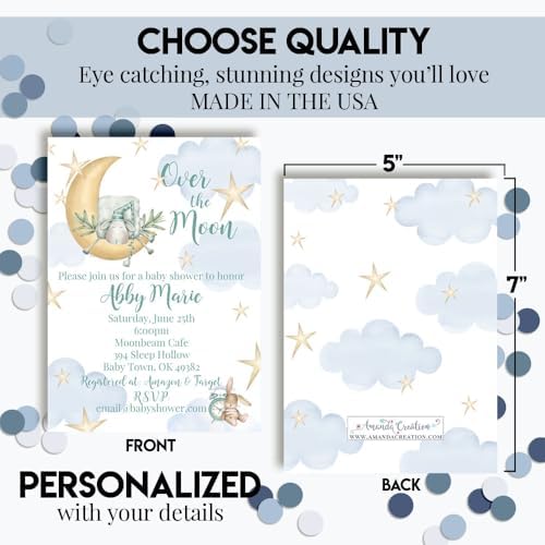 Custom Baby Shower Invites Over the Moon Invitations for Boys, Pack of 20 5x7 Personalized Sleepy Cloud & Stars Invites with Envelopes - Unique Watercolor Baby Shower Cards by AmandaCreation - Image 4