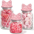 Potchen 3 Set Pink Bow Candy Glass Jars with Ceramic Lid Pink Mason Jars 44oz 34oz 22oz Cute Clear Gridding Cookie Storage Canister for Summer Party Baby Shower Tea Snacks Sugar by Potchen