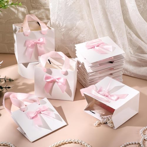 Kolldenn 50 Pcs Small Gift Bags Bulk with Bow Ribbon Handles, White Pink - Image 4