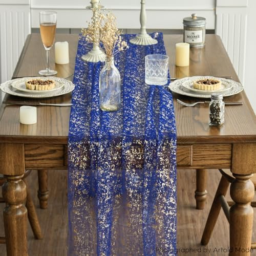 Artoid Mode 10PCS Blue Gold Gauze Table Runner 120 Inch 10FT, Glitter Metallic Foil Sheer Dining Wedding Anniversary Holiday Table Decor for Home Party - Image 2
