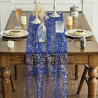 Artoid Mode 6PCS Blue Gold Gauze Table Runner 120 Inch 10FT, Glitter Metallic Foil Sheer Dining Wedding Anniversary Holiday Table Decor for Home Party - Image 2