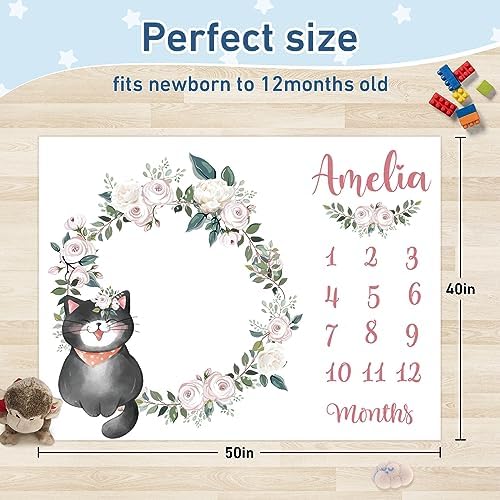 Custom Name Baby Milestone Blanket - Baby Milestone Monthly Blanket with Double Sided for Boy Girl Baby Photography Props - Pink Cat Print Gifts for Kids Infant - Image 3