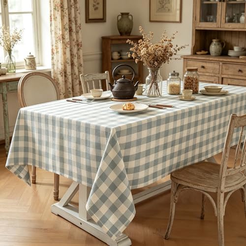 Laolitou Blue Checkered Tablecloth Rectangle Tables Buffalo Plaid Gingham Table Cloth Cotton Linen Rustic Tablecloths Washable Wrinkle Free for Party Picnic Kitchen, 60"x106" 8-10 Seats - Image 2