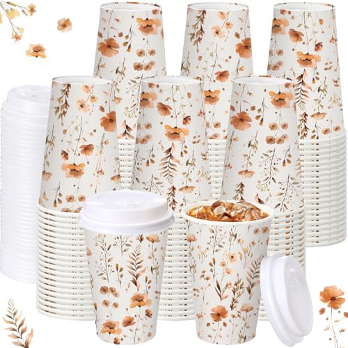 Funnymoom 100 Pieces Fall Floral Disposable Paper Cups with 120 Lids 12 oz Coffee Wildflower Coffee Cups for Autumn Floral Themed Birthday Bridal Wedding Tea Party Baby Shower Party Decorations by Funnymoom