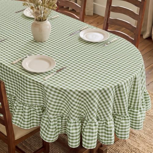 Romanstile Gingham Ruffled Oval Tablecloth, 60 x 84 Inch, Sage Green by Romanstile