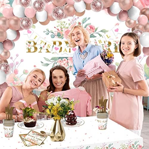 Baby Shower Decorations for Girl，242 PCS of Floral Girl Baby Shower Decorations Party Supplies with Background,Disposable Tableware（25 guests),"It's A Girl" Banner, Balloons Wreath and Tablecloth - Image 5