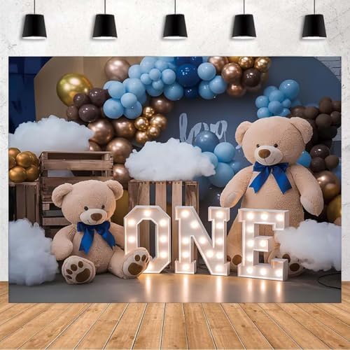Happy 1st Birthday Backdrop Hot Air Balloon Bear Baby Shower Photography Background Newborn Baby Shower First Birthday Banner Baby Boys One 1st Birthday Party Decorations Supplies(D, 8x6feet) by XUNJIN+NO.1