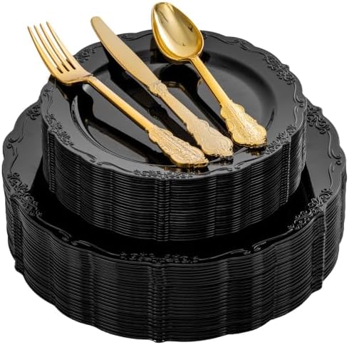 DaYammi 150Pcs Black Plastic Plates & Gold Plastic Silverware Set for Party by DaYammiwillaccompanyyou