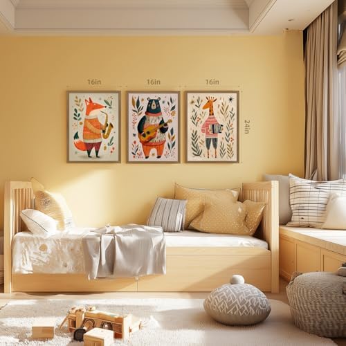 PORENY Woodland Animal Band Nursery Wall Art Set of 3, Fox Bear Giraffe Music Band Poster Print, Cute Forest Animal Kids Room Decor, Scandinavian Nursery Artwork for Playroom Wood Framed 16x24 Inch - Image 6