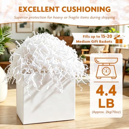 AFOROEOA Crinkle Cut Paper Shred Filler 4.4LB/2KG Bulk, Recyclable Gift Basket Filler for Christmas Easter Birthday Wedding Hamper Packaging, Shredded Paper for Gift Boxes, White - Image 2