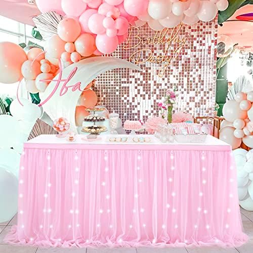 Rectangle Table Skirt Pink 14FT Tulle Table Skirting LED Tutu Tablecloth for Wedding Birthday Party Baby Shower Decorations by QueenDream