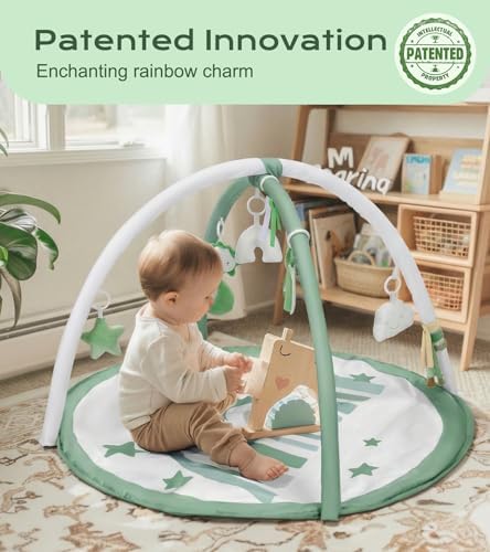 Little Dove Baby Play Gym Mat, Tummy Time Activity Mat with 7 Detachable Toys and 12 Milestone Cards for Stage-Based Sensory and Motor Skill Development, Washable Play Mats for Infant, Green - Image 3