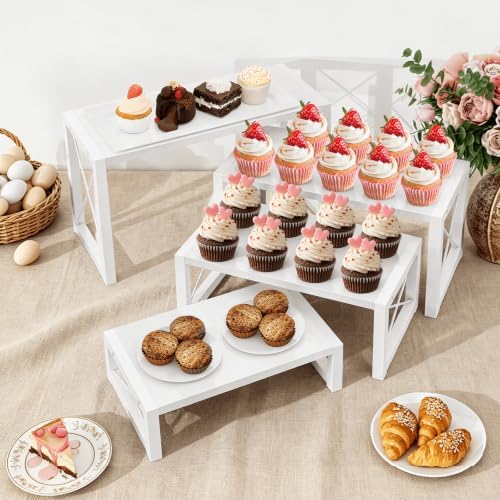 ELITEROO Tiered Display Stand, Wooden 4 Tier Display Risers, Nesting Cupcake Stand for Dessert, Food, Cupcake, Collectibles, Buffet Table, and Market Vendor Events Retail Shelf Organizer, White - Image 2
